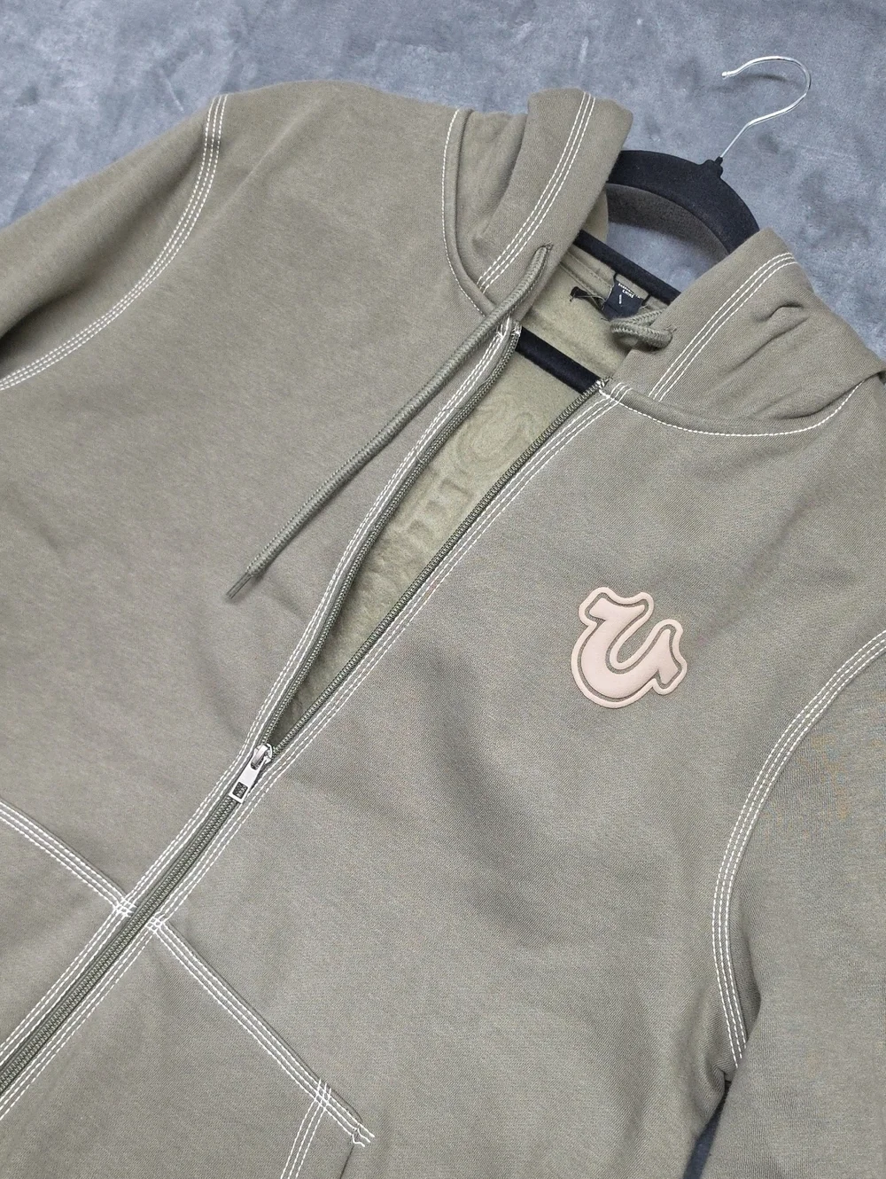 True Religion Olive Green BUDA Zip Hoodie with Logo Sz LG